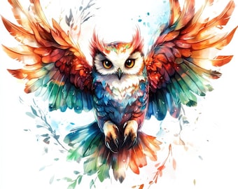 9 Majestic Owl Flying Clipart Bundle, Printable Watercolor Illustration, High Quality JPG, Digital download, Paper crafts, Owl Sublimation