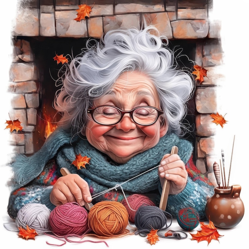 11 Senior Lady Knitting Clipart Bundle, Old Woman Illustrations ...