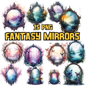 Imágenes prediseñadas de espejos de fantasía en acuarela / Ilustraciones de vidrio de colores, gráficos de fantasía, espejos de hadas, descarga instantánea para uso comercial