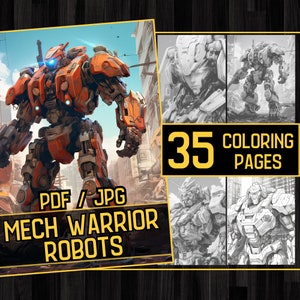 Mech Warrior Robots 35 Coloring Page Book, Adults kids Instant Download, Grayscale Coloring Pages, Printable PDF, robot coloring, android