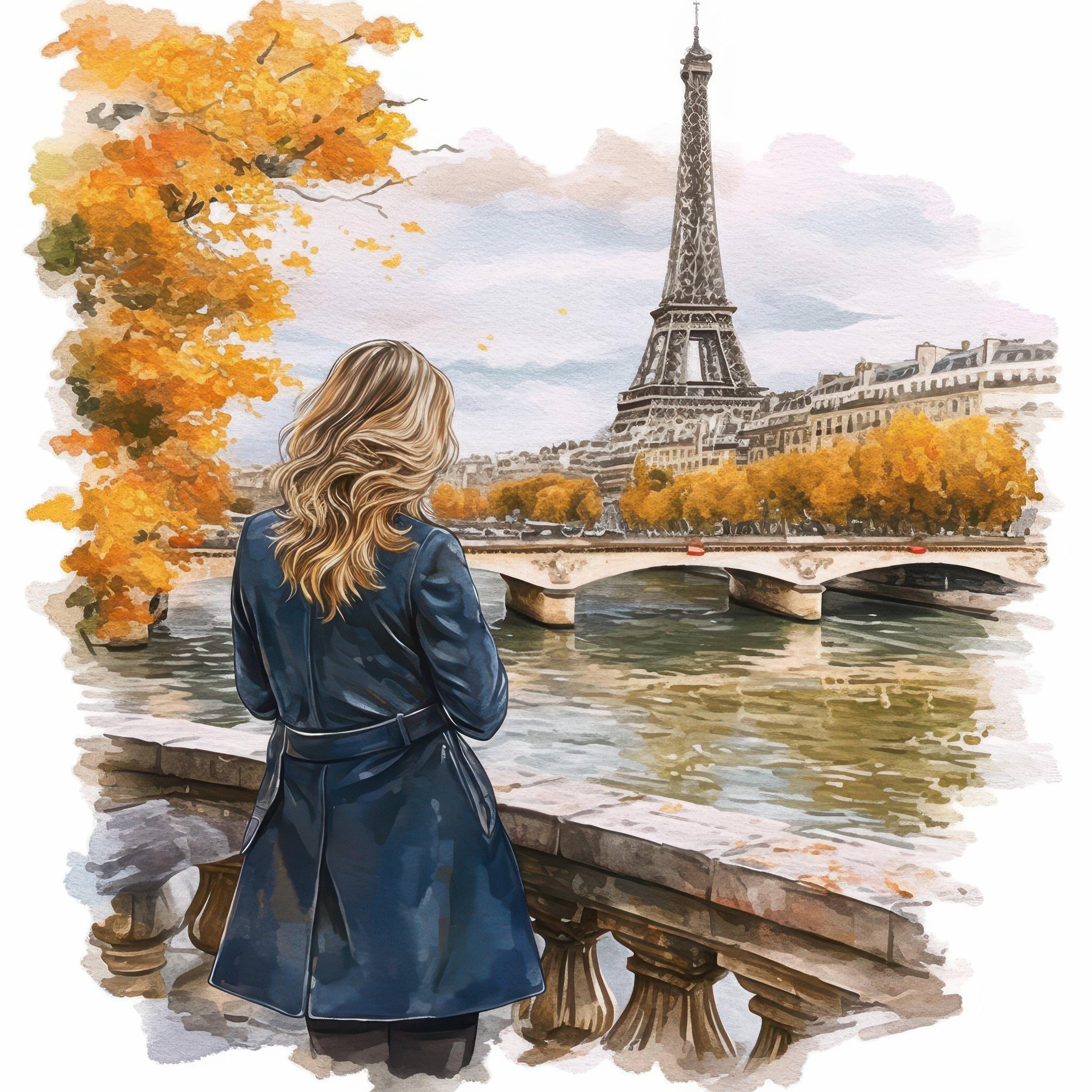 エッフェル塔を眺める女性10人のイラストセット、水彩画のプリント可能