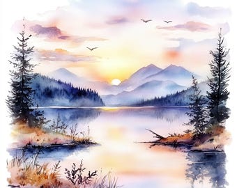 Paquete de 13 imágenes prediseñadas de paisajes de lagos, imágenes de lagos, imágenes prediseñadas de acuarela imprimibles, JPG de alta calidad, descarga digital, revistas basura, manualidades de papel