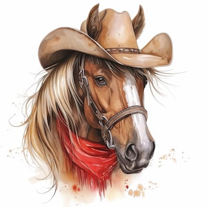11 Horse in Cowboy Hat Clipart Bundle, Wild West Art Illustrations, Printable Watercolor Clipart, High Quality JPG, Paper craft, Journaling
