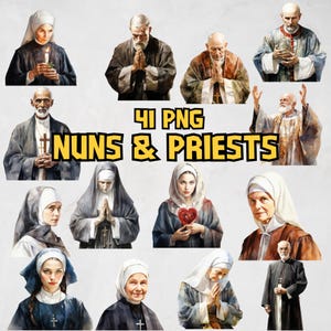Aquarell Nonnen und Priester Clipart Bundle, hochwertiges christliches Clipart-Set, Religion Illustrationen, betende PNG Bild, kommerzielle Nutzung