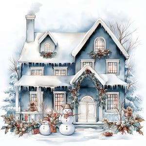 Lot de 10 cliparts cabane enneigée confortable, illustrations imprimables d'images de maisons d'hiver à l'aquarelle, fichiers JPG de haute qualité, journaux indésirables, travaux manuels en papier