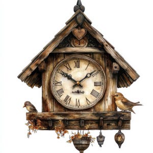12 Cuckoo Clock Clipart Bundle, Rustic House Decor Illustrations, Printable Watercolor Clipart, High Quality JPG, Paper craft, Junk Journals