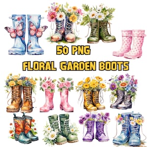 Paquete de imágenes prediseñadas de botas de jardín con flores de acuarela, conjunto de imágenes prediseñadas de flores de primavera, ilustraciones de jardinería, flores y botas PNG, uso comercial