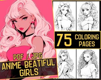 Può includere: Un set di 75 pagine da colorare con ragazze anime dai capelli lunghi e fluenti. Le pagine sono in bianco e nero e sono pronte per essere colorate. L'immagine di copertina mostra una ragazza anime dai capelli rosa con una maglietta rosa e uno sfondo rosa. Il testo sulla copertina recita "PDF / JPG Anime Beatiful Girls".