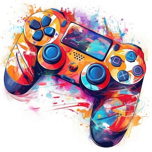 Puede incluir: Ilustración abstracta de un mando de videojuegos con colores vibrantes. El mando presenta una mezcla de naranja, rojo, azul y morado, con salpicaduras de pintura que añaden un efecto artístico. El diseño incluye botones y crucetas.