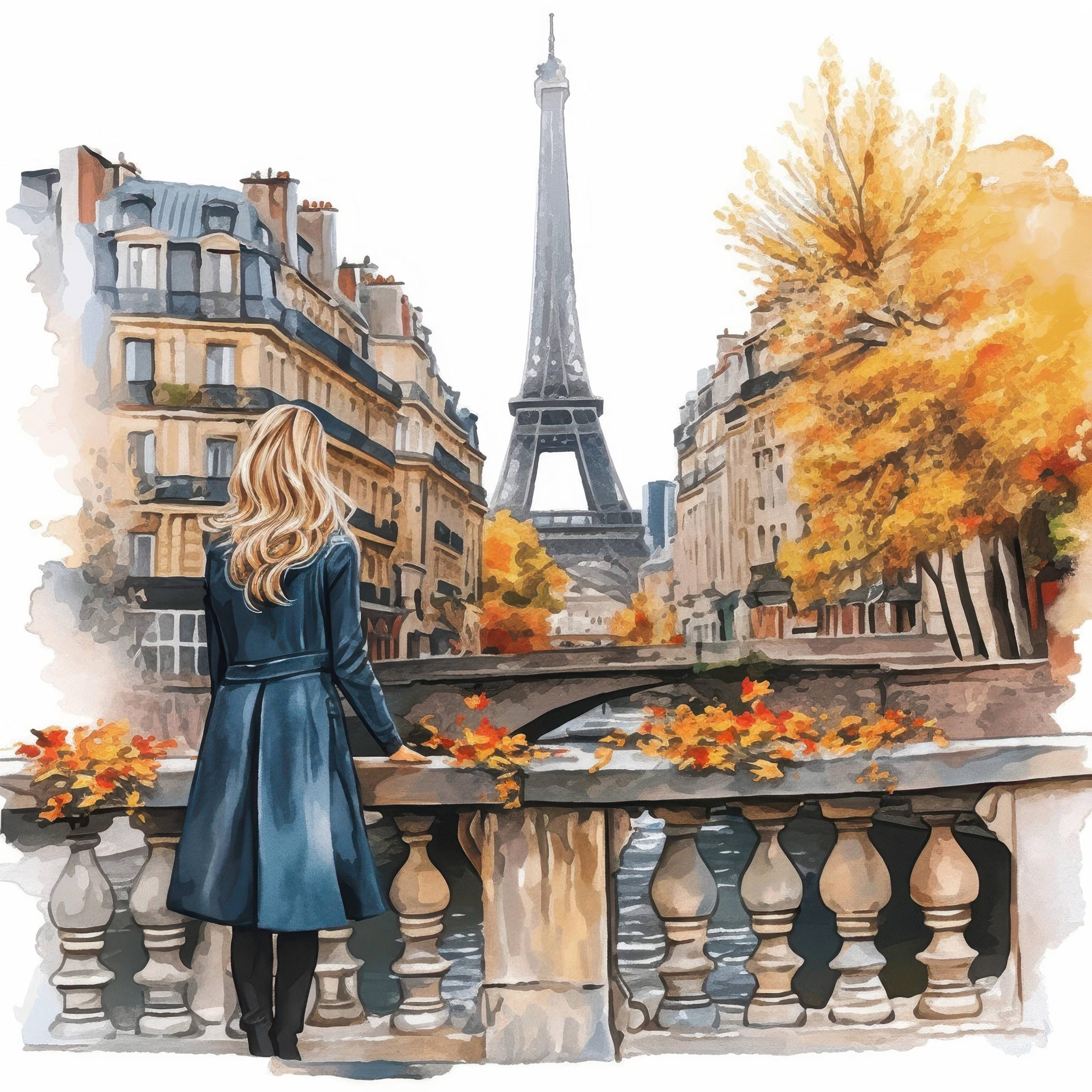エッフェル塔を眺める女性10人のイラストセット、水彩画のプリント可能