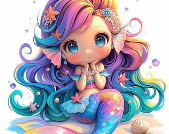 12 3D Mermaid Clipart Bundle, Adorable Mermaid Print Illustration, Printable Watercolor Clipart, High Quality JPG, Paper craft, Junk Journal