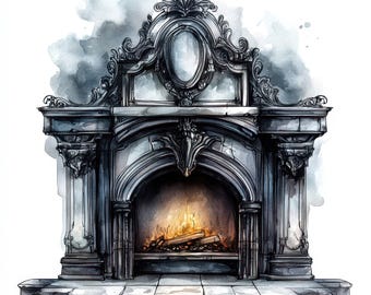 16 Spooky Fireplace Clipart Bundle, Printable Watercolor Halloween Haunted Images Illustrations, High Quality JPG, Junk Journal, Paper Craft