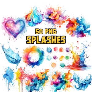 Aquarell Spritzer Clipart Bundle, Regenbogen Spritzer Clipart-Set, Tintentropfen PNG-Grafiken, Pastellgeometrische Form Illustrationen, kommerzielle Nutzung