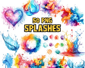 Puede incluir: 50 PNG SPLASHES. Una colección de salpicaduras de pintura acuarela de colores en varias formas y tamaños, incluyendo corazones, círculos y formas abstractas.
