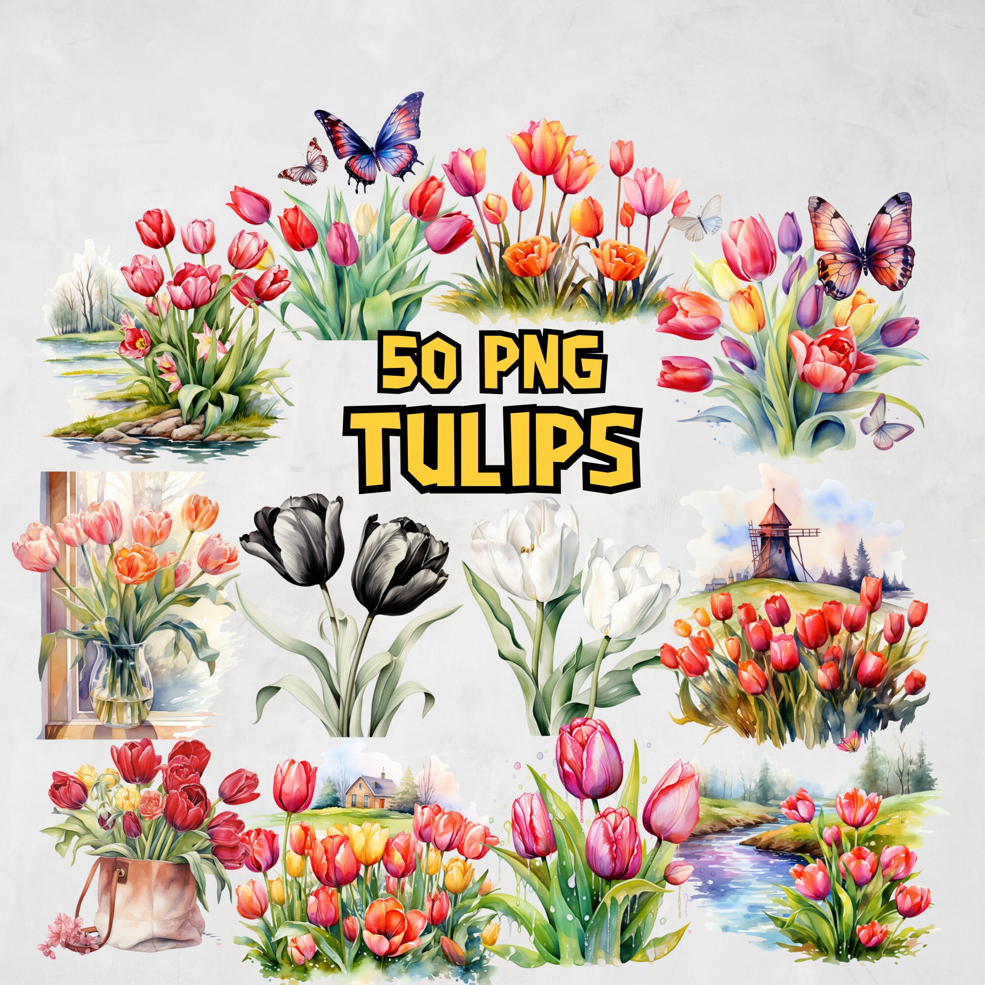Watercolor Tulips Clipart Bundle, Spring Flower Clipart Set, Floral ...