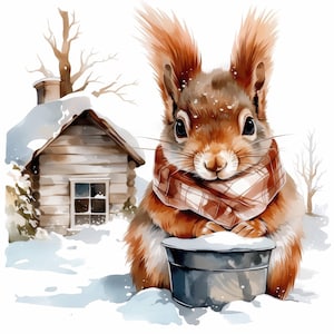 Lot de 10 cliparts écureuil mignon, écureuil dans des illustrations d'hiver, clipart aquarelle imprimable, JPG de haute qualité, créations en papier, journal indésirable