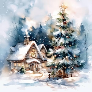 Pacchetto di 10 Clipart di case natalizie, illustrazioni di case festive, Clipart ad acquerello stampabili, JPG di alta qualità, creazioni di carta, diari di scarto