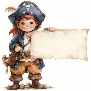 Cartoon Pirates with Labels Clip Art 17 High Res Watercolor JPGs Junk Journaling, Scrapbooking, Card Making, Digital Download, Paper Crafts