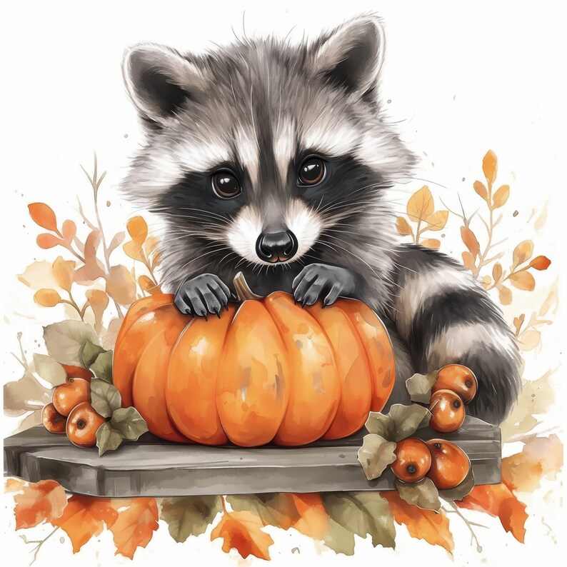 12 Cute Fall Raccoons Clipart Bundle, Autumn Raccoon Illustrations ...