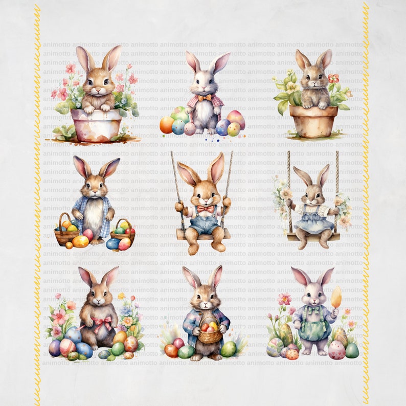 Watercolor Easter Bunnies Clipart Bundle, Spring Floral Animal PNG Set ...