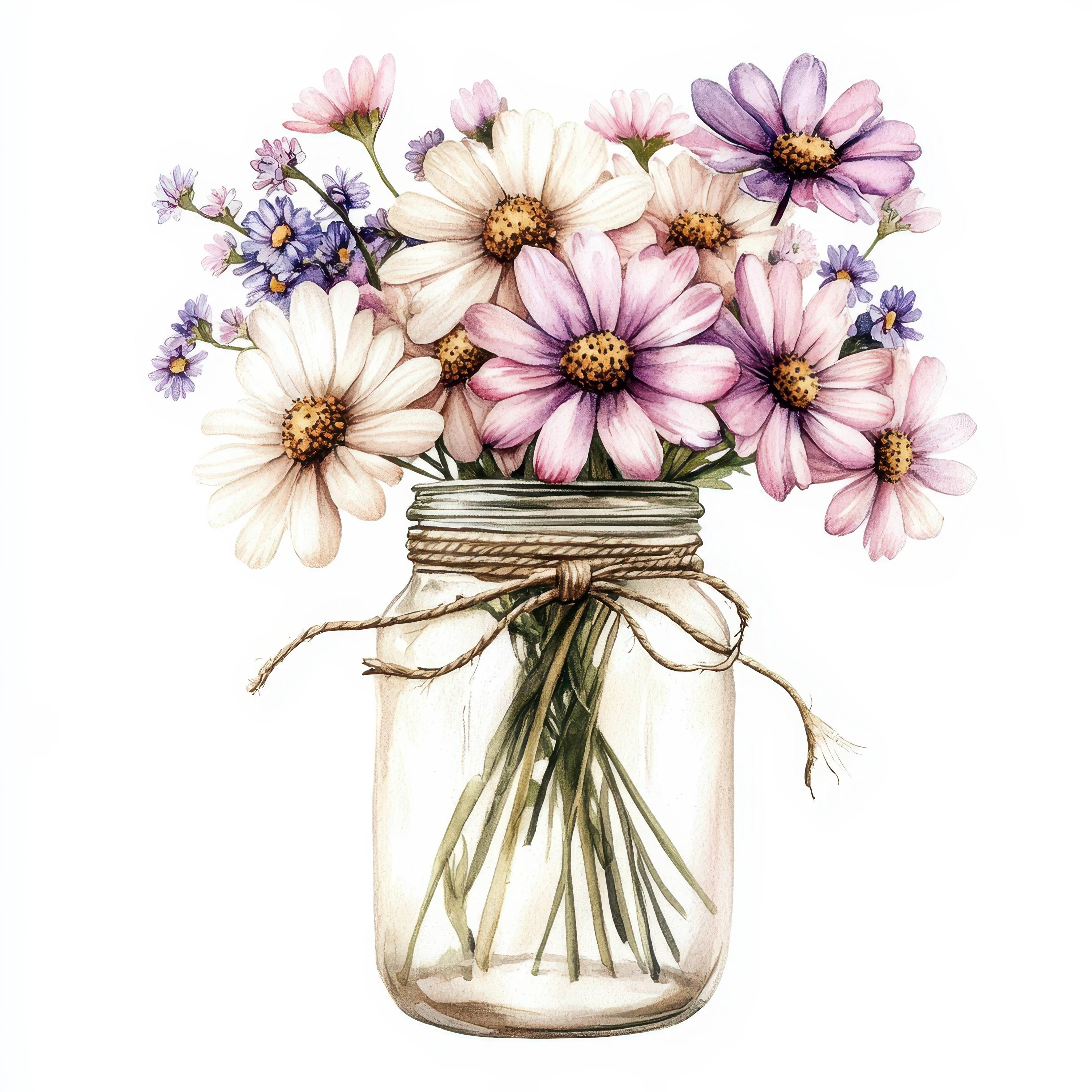 13 Pink Flowers Bouquet in Vase Watercolor Images Clipart Bundle ...