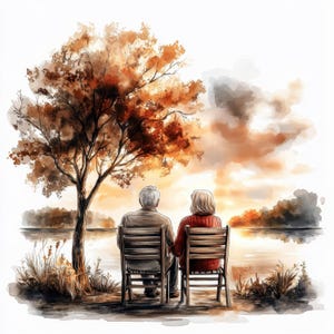 12 Old Couple Watching Sunset Clipart Bundle, Printable Watercolor clipart, High Quality JPG, Digital download, Paper craft, Card Making
