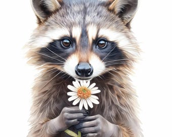 Paquete de 11 imágenes prediseñadas de mapaches florales, mapaches y flores en acuarela imprimibles, archivos JPG de alta calidad, manualidades de papel, descarga digital, diario basura
