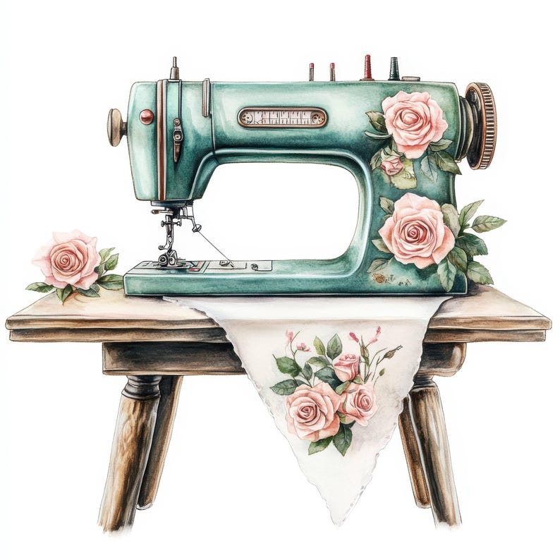 16 Vintage Floral Sewing Machine Watercolor Clipart Bundle, Printable