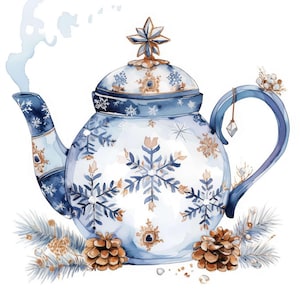 11 vintertekanna Clipart, snöflingor Tekanna, utskrivbar akvarell Clipart, högkvalitativa JPG-filer, kommersiellt bruk, papperspyssel, skräpjournal