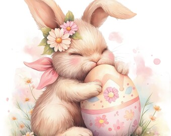 10 Bunny and Egg Clipart Bundle, Easter Bunny Image Illustrations, Printable Watercolor Clipart, High Quality JPG, Paper craft, Junk Journal