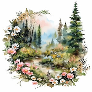 16 Floral Forest Clipart Bundle, Spring Forest Illustrations, Printable Watercolor Clipart, High Quality JPG, Paper craft, Junk Journals