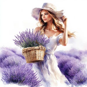 17 Kobieta w polu lawendy Clipart Bundle, Wydrukowane akwarele clipart, Wysokiej jakości JPG, Pobieranie cyfrowe, Rękodzieło papierowe, dzienniki śmieci