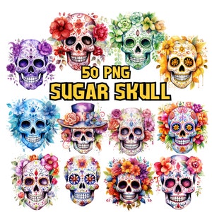 Watercolor Sugar Skulls Clipart Bundle | Dia De Los Muertos, Mexican Halloween, Sugarskull Illustrations | Instant for Commercial Use