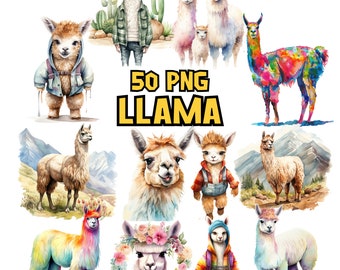 Watercolor Llamas Clipart Bundle, Cute Adorable Llama, Clipart Set, Alpaca, Party Animal PNG Graphics , Cactus Illustrations, Commercial Use