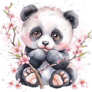 10 graziosi Sakura Panda Clipart Bundle, Immagini di panda floreali ad acquerello stampabili, Illustrazioni, JPG di alta qualità, Diari spazzatura, Artigianato di carta
