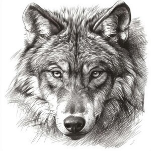 Puede incluir: Ilustración detallada en blanco y negro de la cara de un lobo, mostrando texturas intrincadas de pelaje y ojos penetrantes. La obra captura la mirada intensa del lobo y sus rasgos detallados, creando un retrato impactante.