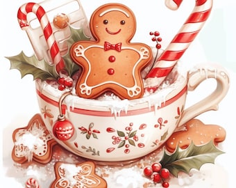 クリスマスカップのクリップアート11点セット、クリスマスドリンクの画像イラスト、印刷可能な水彩画クリップアート、高品質JPG、ペーパークラフト、ジャンクジャーナル
