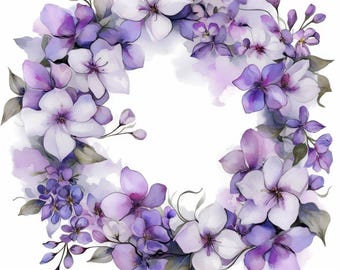 12 Purple Floral Wreath Clipart Bundle, Garland Prints Illustrations, Printable Watercolor Clipart, High Quality JPG, Paper craft, Journals