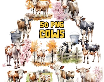 Watercolor Cows Images Clipart Bundle, Barn, Farm Animal, Milk Pail, Painted Cow, Farmhouse Illustrations, PNG Graphics Set, Commercial Use