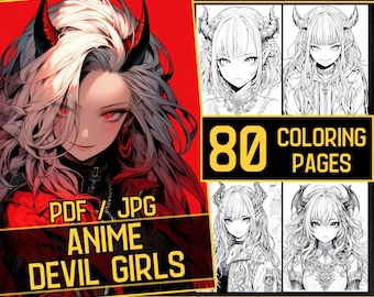 May include: A digital illustration of a collection of 80 coloring pages featuring anime devil girls. The cover image shows a girl with red horns, white hair, and red eyes. The text "PDF / JPG ANIME DEVIL GIRLS" is displayed on the cover.