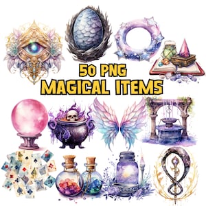 Lot de cliparts aquarelles d'objets magiques, ensemble de cliparts magiques, chaudron, boule de cristal, grimoire, illustrations de bouteille de potion | Utilisation commerciale