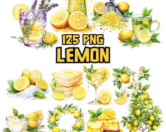 May include: Watercolor illustrations of lemons in various forms, including whole lemons, lemon slices, lemon trees, lemon drinks, lemon desserts, and lemon zest. The illustrations are in a bright yellow color and are set against a white background. The text "125 PNG LEMON" is in the center of the image.