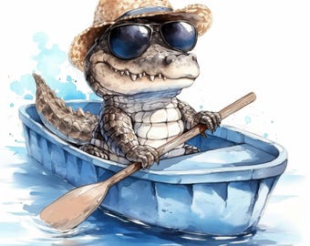 10種類のクールなワニのクリップアートセット、眼鏡をかけたワニの画像