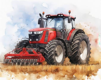 12 Red Farm Tractor Clipart Bundle, Printable Watercolor Vehicle Illustration, High Quality JPG, Digital download, Paper craft, card making