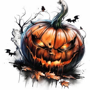 11 demonische pompoen afdrukbare aquarel clipart, Halloween kaartillustraties hoge kwaliteit jpg's Digitale download, Papierkunst en Kaarten maken