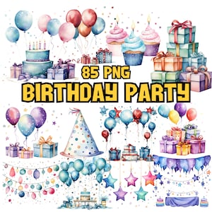 Pacote de clipart de aniversário em aquarela, conjunto de clipart de festa de aniversário, bolo de aniversário, balão | Gráficos PNG | Download instantâneo para uso comercial