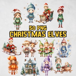 Watercolor Christmas Elves Clipart Bundle, Christmas Elf Illustration, Elf PNG Graphic, Xmas Elf Clipart Set, Christmas Image,Commercial Use