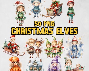 Watercolor Christmas Elves Clipart Bundle, Christmas Elf Illustration, Elf PNG Graphic, Xmas Elf Clipart Set, Christmas Image,Commercial Use