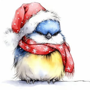 Lot de 10 cliparts de Noël mésange bleue, illustrations de cartes, clipart aquarelle imprimable, JPG haute qualité, créations en papier, journaux indésirables