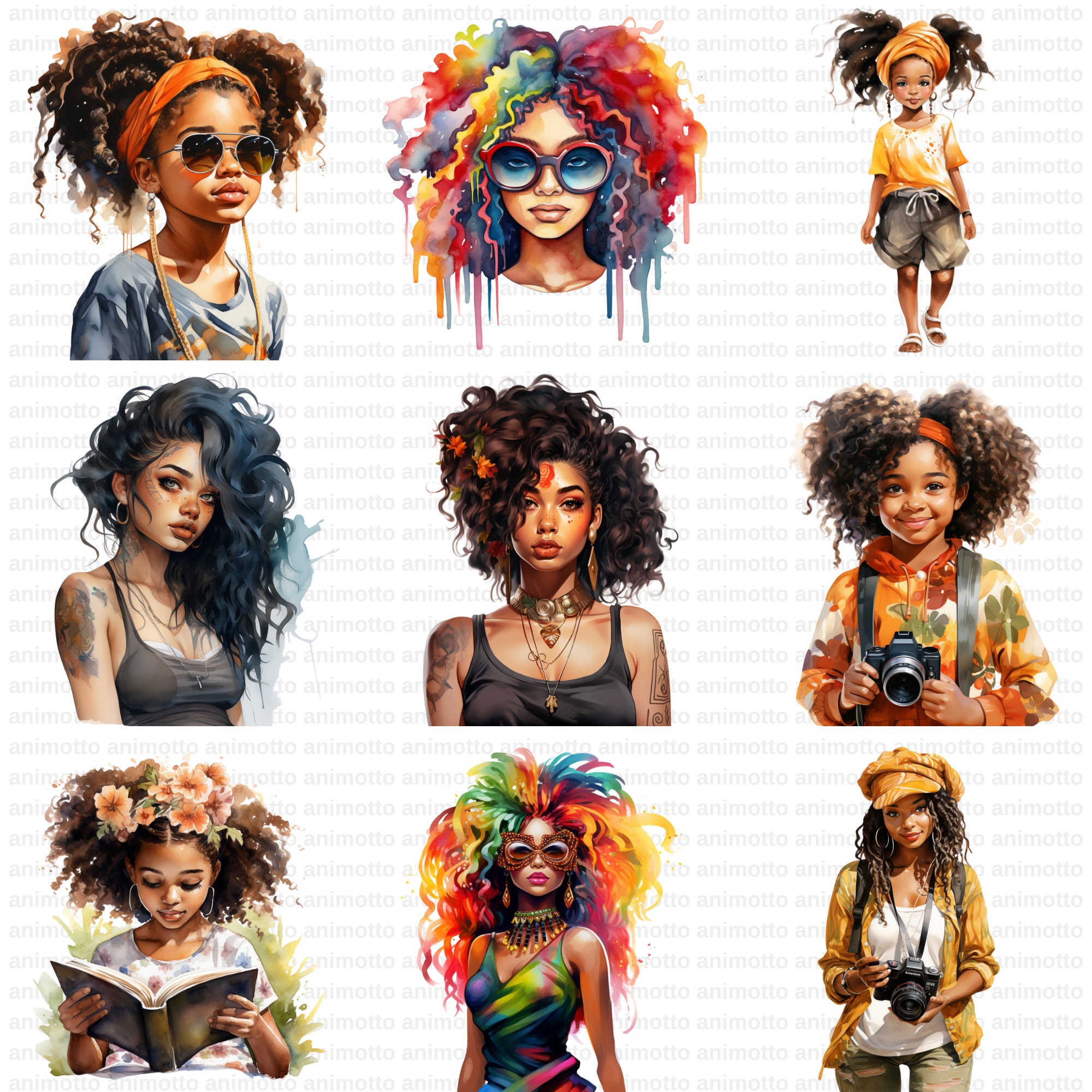 Watercolor Afro Girls Clipart Bundle, Cute Black Girl PNG, African ...